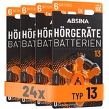 Absina Hörgerätebatterien 13 24 Stück mit gut greifbarer Schutzfolie - Hörgeräte Batterien 13 Zink Luft mit 1,45V - Typ 13 Batterien Hörgeräte Orange - PR48 ZL2 P13 Hörgerätebatterien