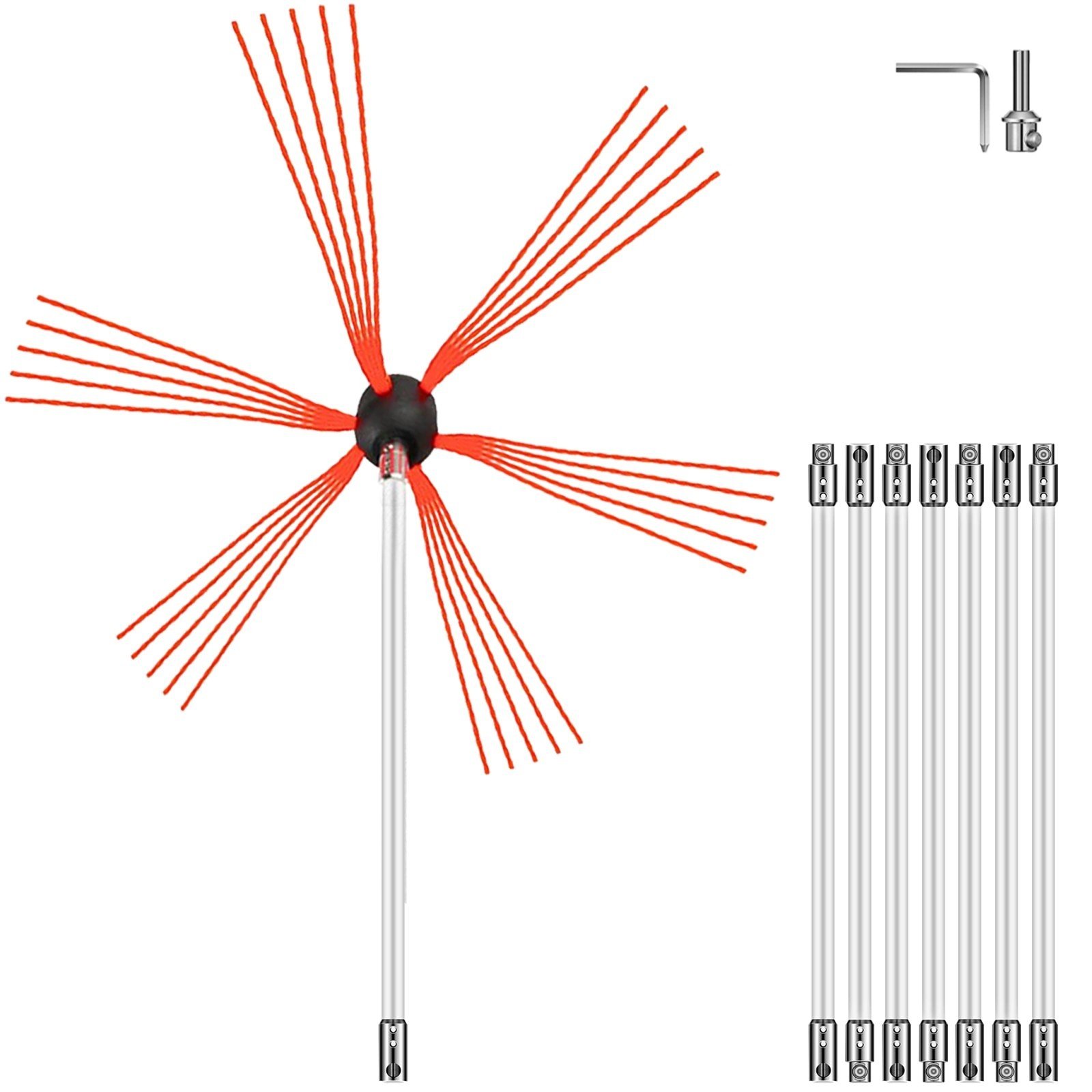 VEVOR Schornsteinbürste Schornsteinfegerbesen Kaminkehrbesen Schornsteinfeger Bürste Kaminbesen Schornsteinbesen Weiß mit Schlüsselweite 17mm, Flexibler Bürstenkopf Nylon Schornstein-Reinigungsset