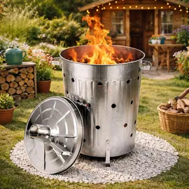 FineHome XL Feuertonne 75 Liter verzinkt Feuerschale Feuerfass aus Metall Gartenabfall Verbrennungstonne Gartentonne Gartenofen Silber