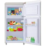 OKWISH Doppeltür-Kühlschrank aus Eisen und Kunststoff in Weiß, 46x45x91 cm, 72 L Gesamtvolumen, 21 L Gefrierfach, LED-Licht, Energieklasse E