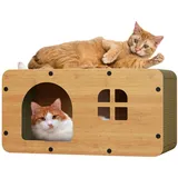 Karton Katzenhaus 2 in 1 Wellpappe Katzenkratzer Lounge Bett für Katzen Brett Holz Doppelschicht Katzenhaus mit Kratzunterlage mit Flauschball Extra Groß