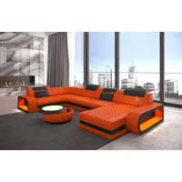 Sofa Dreams Wohnlandschaft Ledercouch Sofa Leder Berlin U Form Ledersofa, Couch, mit LED, wahlweise mit Bettfunktion als Schlafsofa, Designersofa orange|schwarz