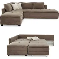 luma-home Ecksofa-Dauerschläfer, Doppelbett 306/223/95 cm Boxspring Federkern Ecksofa 306x223 Dauerschläfer, Bettkasten, Nachtkonsole, Schwenkteil beidseitig montierbar, Cord Braun Taupe / 15162