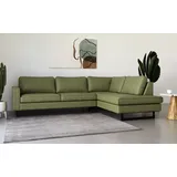 PLACES OF STYLE Ecksofa »Pinto, 290 cm, Cord, Chenille, Lederoptik, Ottomane links / rechts«, mit Keder, schwarze Metallfüße, Wellenunterfederung grün