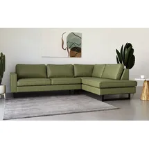 PLACES OF STYLE Ecksofa »Pinto, 290 cm, Cord, Chenille, Lederoptik, Ottomane links / rechts«, mit Keder, schwarze Metallfüße, Wellenunterfederung grün