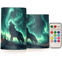 Mnsruu Wolf, heulende Nordlichter, flammenlose Stumpenkerzen mit Fernbedienung, Timer, batteriebetrieben, LED-Kerze, Farbwechsel