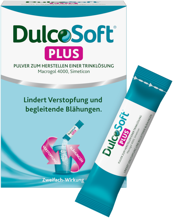Dulcosoft DulcoSoft Plus Pulver 10 Sachets mit den Inhaltsstoffen Macrogol und Simeticon bei Verstopfung mit Blähungen