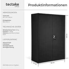 Tectake tectake® Aktenschrank aus pulverbeschichtetem Stahl, 3 höhenverstellbare Einlegeböden, 140 x 90 x 40 cm