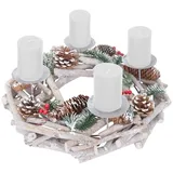 MCW Tischkranz rund, Weihnachtsdeko Adventskranz, Holz Ø 35cm weiß-grau ~ mit Kerzen, weiß