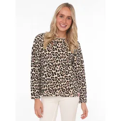 Sweater ZWILLINGSHERZ ""Leo allover"", Damen, Gr. SM (S/M), beige, Sweatware, Obermaterial: 50% Baumwolle, 50% Polyester, animal-print, modisch, comfort fit hüftlang, Rundhals, Langarm, Sweatshirts, mit animalischem Printdesign