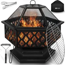 tillvex Feuerschale mit Funkenschutz & Grillrost Feuerstelle Outdoor für den Garten 4 in 1 BBQ Grill mit Abdeckung, Schürhaken, Zange | Kohlerost |