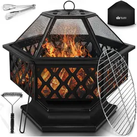 tillvex Feuerschale mit Funkenschutz & Grillrost Feuerstelle Outdoor für den Garten 4 in 1 BBQ Grill mit Abdeckung, Schürhaken, Zange | Kohlerost |