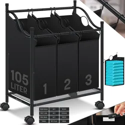 KESSER® Wäschekorb Wäschesammler Wäschesortierer mit abnehmbaren Stofftaschen   Wäschebox mit 12 Waschhinweisen 360° Rollen mit Bremse Wäsche-Sortiersystem Wäschewagen