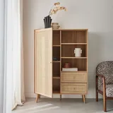 sweeek Highboard mit Rohrgeflecht und Holzdekor 1 Tür, 2 Schubladen, 6 Regale - Bohème