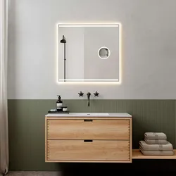 Badspiegel LOEVSCHALL "Focus, Spiegel mit Beleuchtung, Integrierter Schminkspiegel", weiß, B:80cm H:75cm T:2,5cm, Spiegel, LED licht, Dänisches Design, Lichtspiegel, x5 Vergrößerung
