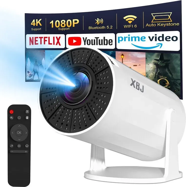 【Lite Entertainment | Verbesserte Version】XBJ Tragbarer Weißer Projektor mit WiFi 6 & Bluetooth 5.2, Smart Mini-Projektor, 1080P HD (4K-Entschlüsselung), Android 11 System, Automatische Trapezkorrektur + 180° Drehbar, 200 ANSI, 40-200