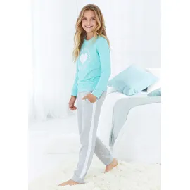 Buffalo Pyjama 1 Stück, 2 tlg. Schlafanzug mit Herzdruck und Streifen am Bein Gr. 170/176, mint-grau-meliert, , 27900435-170