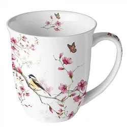 Tasse 10cm Porzellan mit Kirschblüten & Vogel Motiv - 0,4L Keramiktasse Porzellangeschirr Kaffeetasse Teetasse Kakaotasse Frühlingsgeschirr Rosa Weiß