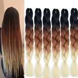 Braids Extensions Blond Ombre Jumbo braids Kanekalon Braing Hair Extensions 6 Stücke Kunsthaar zum Einflechten Für Crochet Twist Braids Hair (Schwarz-Braun-Blond)