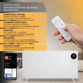 Heidenfeld Infrarotheizung Konvektor Heizung Hybrid HF-HP150 - Steuerung via App | Fernbedienung | Touch-Bedienfeld | Thermostat | 1000 Watt bis 25... | Weiß