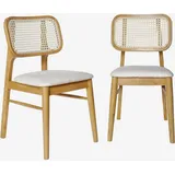 sweeek - 2er-Set Stühle aus Hevea-Holz, Rohrgeflecht und Stoff - Eichenfarben - Beige