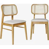 sweeek - 2er-Set Stühle aus Hevea-Holz, Rohrgeflecht und Stoff - Eichenfarben - Beige