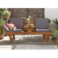 Wohnando Sitzbank Gartenbank "Monte" 137x 67x87cm (BxTxH), massives Akazienholz, FSC (1-St), braun, graue Sitzauflage, ausklappbarer Tisch, umklappbare Seitenteile braun