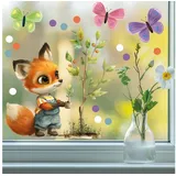 Sunnywall Fensterbild Fensteraufkleber Fuchs Gärtner Baum Schmetterling Fensterdeko