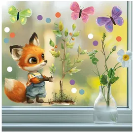 Sunnywall Fensterbild Fensteraufkleber Fuchs Gärtner Baum Schmetterling Fensterdeko