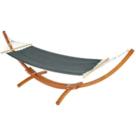 Mendler Hängematte mit Gestell HWC-J46, Hängeschaukel, bis 200kg Holzgestell FSC®-zertifiziert 320cm ~ braun, Matte grau