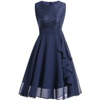 Lazzboy Damen Kleid Sommer Elegant Kleider Spitzenkleid Knielang Festlich Hochzeit Partykleid Rockabilly Retro Cocktailkleid Sommerkleid Ärmellos Großes Pendel Lose Langes Dress(Blau,L) - L