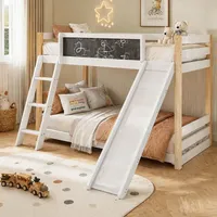 Etagenbett 90x200 cm Kinderbett aus Holz & PB mit Rutsche und Treppe Stabiles Hochbett mit Schutzgitter & Tafel Spielbett ohne Matratze Natur-Weiß - Weiß