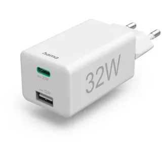 Hama Schnellladegerät 1x USB-C, 1x USB-A, Mini-Ladegerät, PD, 32 W weiß