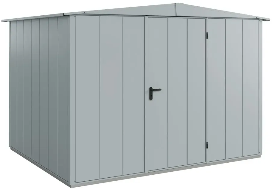 Hörmann Metall-Gerätehaus Berry mit Satteldach B 302 x T 238 cm (Typ 3), Motiv Modern (mit breiten Lamellen), Einzeltür Türanschlag rechts, Fenstergrau (RAL 7040)