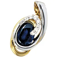 Kettenanhänger JOBO "Saphir-Anhänger 15 mm", gelbgold 585, blau, Schmuckanhänger, Damen, P1 = bei 10-facher Vergrößerung erkennbare Einschlüsse, Diamanten Gelbgold 585 Weißgold 585, Diamanten, Gelbgold 585, Weißgold 585, Kettenanhänger, 14 Karat 585 Gelbgold Bicolor mit 8 Diamanten