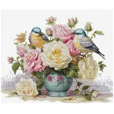 Luca-S Kreuzstich Stickpackung Vase mit Rosen und Vögel, Zählmuster