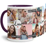 Tasse mit Spruch LOVE zum SELBSTGESTALTEN mit FOTO-COLLAGE für 8 WUNSCHFOTOS - Fototasse personalisiert - Persönliche Geschenkidee für Freunde und Familie - Innen & Henkel Violett