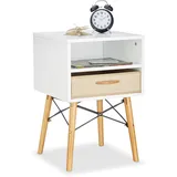Relaxdays Nachttisch mit Holzbeinen, Metall Kreuzstreben, skandinavisch, Stoffschublade, Betttisch 61 x 40 x 43 cm, weiß