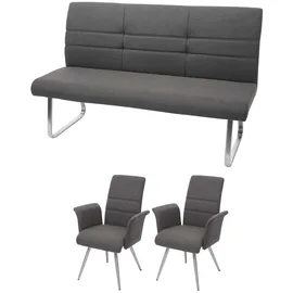 Mendler Set 2x Esszimmerstuhl+Sitzbank HWC-G55, Bank Küchenstuhl Stuhl+Armlehne, Stoff/Textil Edelstahl ~ grau-braun Bank 180cm