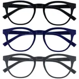 OPULIZE BLU Blaulichtfilter Lesebrille für Damen Herren, Blendfreie UV400-Schutz Federscharnier Anti-Müdigkeit, Runder Rahmen, Computerbrillen Gaming, 3er-Pack Schwarz Blau Grau +1,00