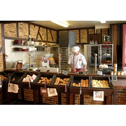 Fototapete PAPERMOON "BÄCKEREI-STEINWAND ZIEGELWAND HOLZ STRUKTUR BISTRO DEKO", bunt, B:3,50m L:2,60m, Vlies, Tapeten