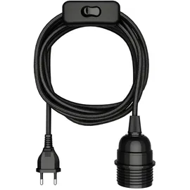 ledscom.de Textilkabel LEKA, Stecker, Schalter, schwarz, 3m, Lampen-Fassung, 1 x E27 max. 60W