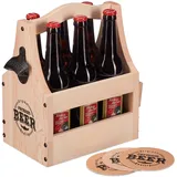 Relaxdays Bierträger aus Holz, mit Flaschenöffner Hellbraun,Schwarz
