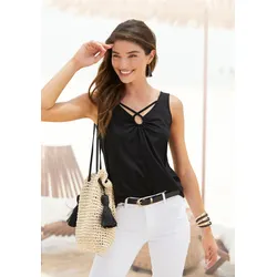 Trägertop LASCANA, Damen, Gr. 40/42, schwarz, Obermaterial: 60% Polyester, 35% Viskose, 5% Elasthan, casual, figurumspielend, V-Ausschnitt, Tops, mit Keyhole-Detail am Ausschnitt
