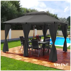 Swing&Harmonie Luxus LED - Pavillon 3x4m Minzo - inkl. Seitenwände mit LED Beleuchtung + Solarmodul Gartenpavillon optional mit Moskitonetz Partyzelt Gartenzelt - versch. Ausführungen
