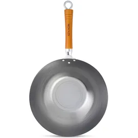 KenHom Ken Hom Carbonstahl Wokpfanne, 32cm, Classic, Nicht Induktion Wok, Natürliche Patina Antihaftbeschichtung, Holzgriff, Nicht spülmaschinenfest