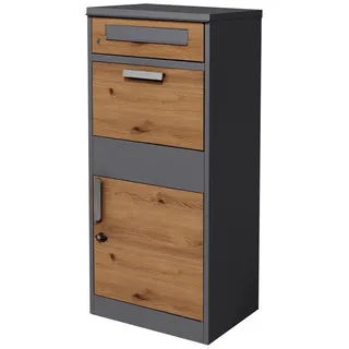 ML-DESIGN Paketbriefkasten Standbriefkasten aus verzinktem Stahl, abshließbar, 2 Schlüssel (2-St), Paketkasten Anthrazit-Eiche Optik Paketbox für Briefe Warensendungen braun|schwarz 50 mm x 112 mm x 37 mm