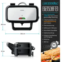 Arendo Sandwichmaker Waffeleisen Kontaktgrill mit abnehmbaren Platten - mit Antihaftbeschichtung - spülmaschinentauglich - BPA frei