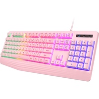 yesbeaut Pinke Gaming-Tastatur, Regenbogen-LED-Hintergrundbeleuchtung, 104 Tasten, leise, beleuchtete, cremige Tastatur mit Handballenauflage, PBT-Tastenkappe, Anti-Ghosting, wasserdicht,