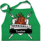 Kinderschürze Schürze Kinder Jungen Mädchen - Grillschürze - Born to Grill mit Name - 7-14 Jahre - Grün - 7-13 Jahre